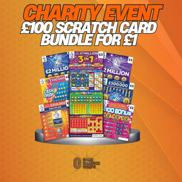 CHARITY DRAW - WIN £100 WORTH OF SCRATCH CARDS FOR £1!! - WINNER GETS THE SCRATCH CARDS AND WE DONATE ALL TICKET SALES TO CHARITY OF WINNERS CHOICE - WINNER AUTO DRAWN SATURDAY AT 8PM ONLY 125 TICKETS AVAILABLE!!